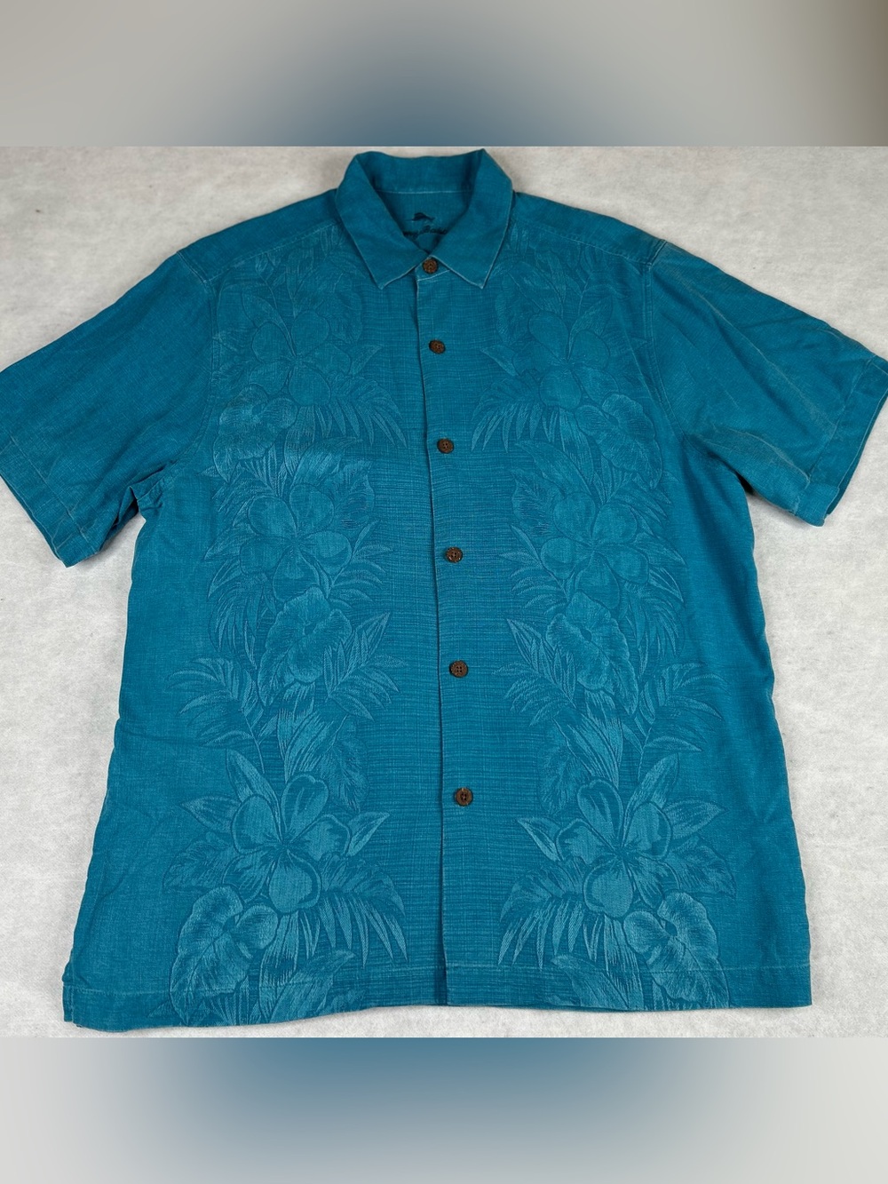 Tommy Bahama Shirt Men's Large Turquoise Blue Floral Silk Button Down Hawaiian